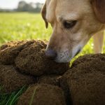 La imagen muestra a un perro olfateando una caca antes de comérsela