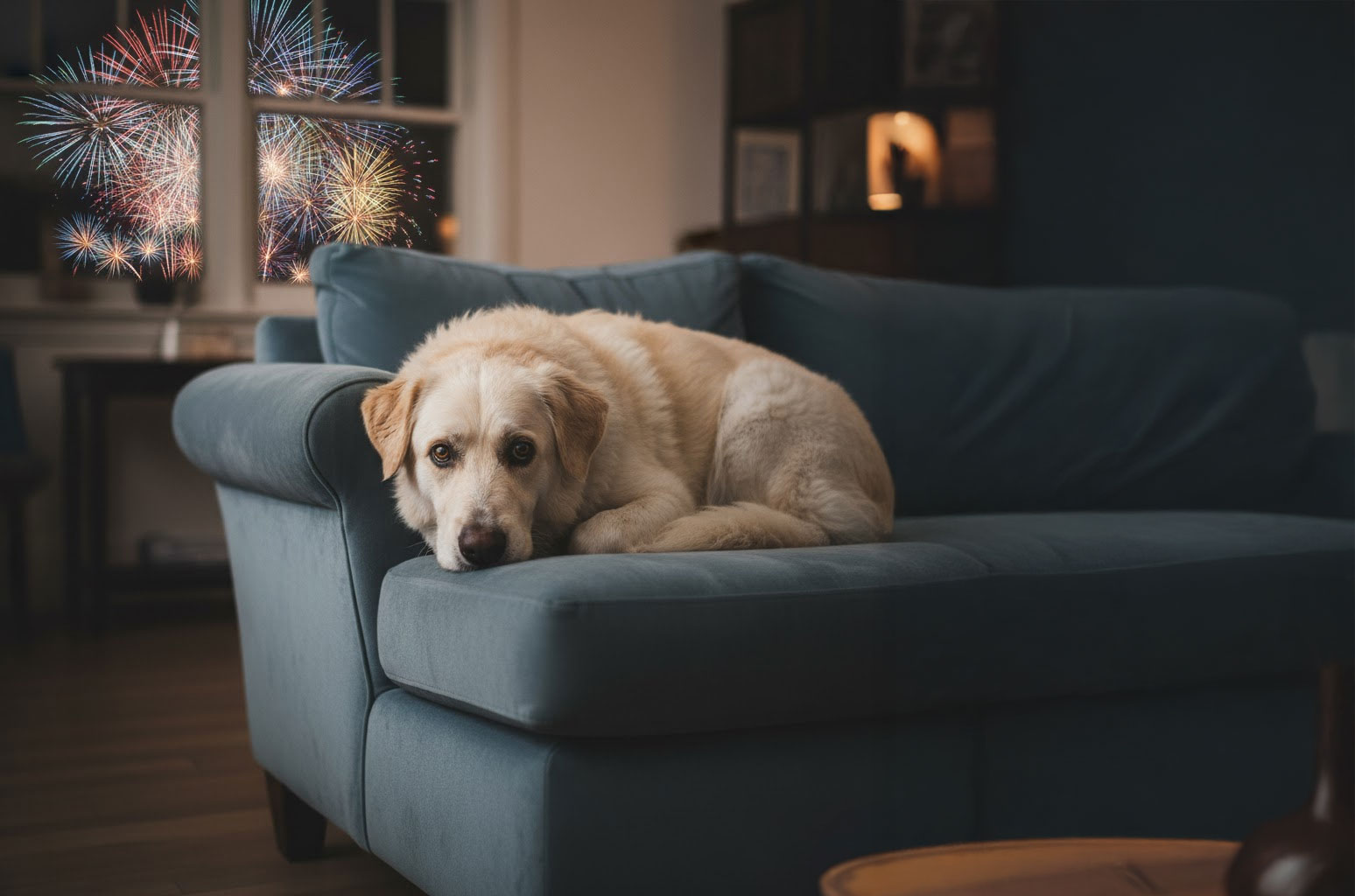 Perro asustado por los estruendos.