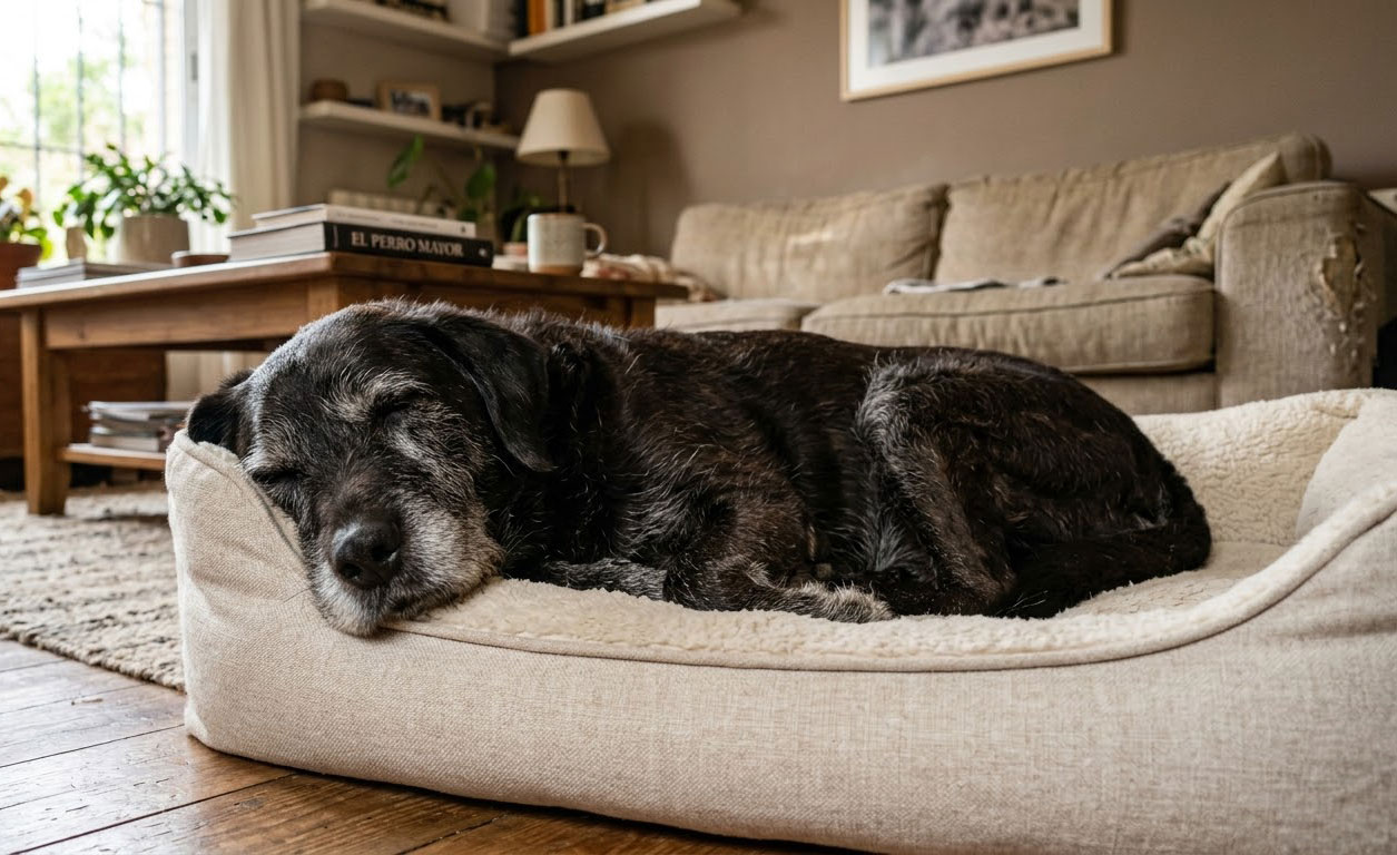 Un perro senior descansando en su casa
