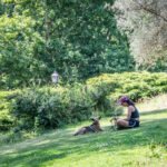 Una chica con su perro en un jardín